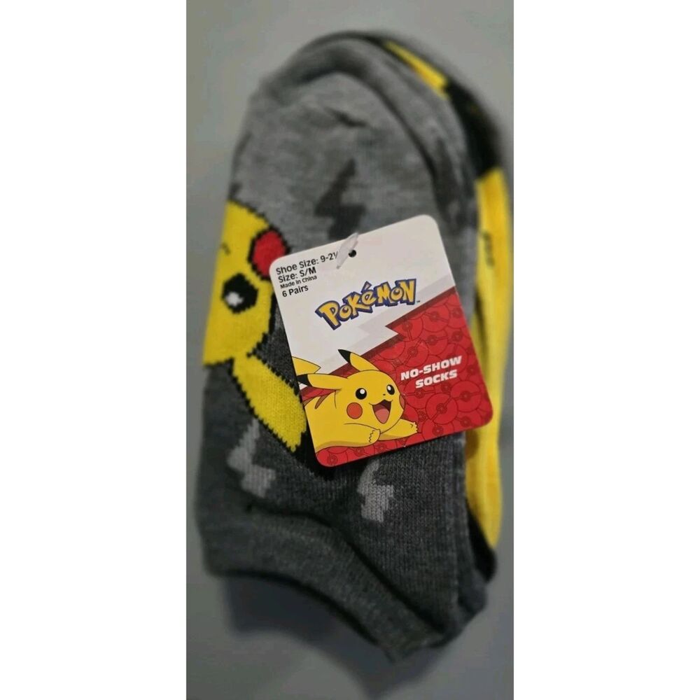 Pokemon Pikachu No-Show Socks Grey Yellow S/M Shoe Size 9-2.5 6 Pairs Pack New